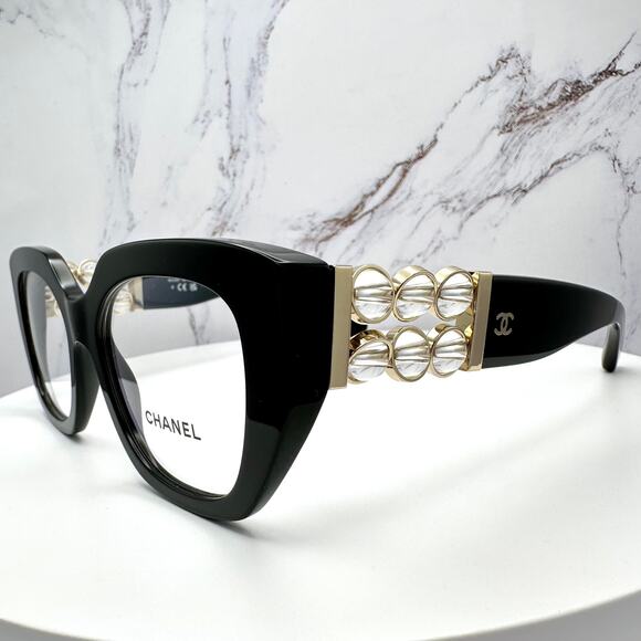 New CHANEL Eyeglasses Black Gold Cat Eye Clear Rotating Pearls 52mm